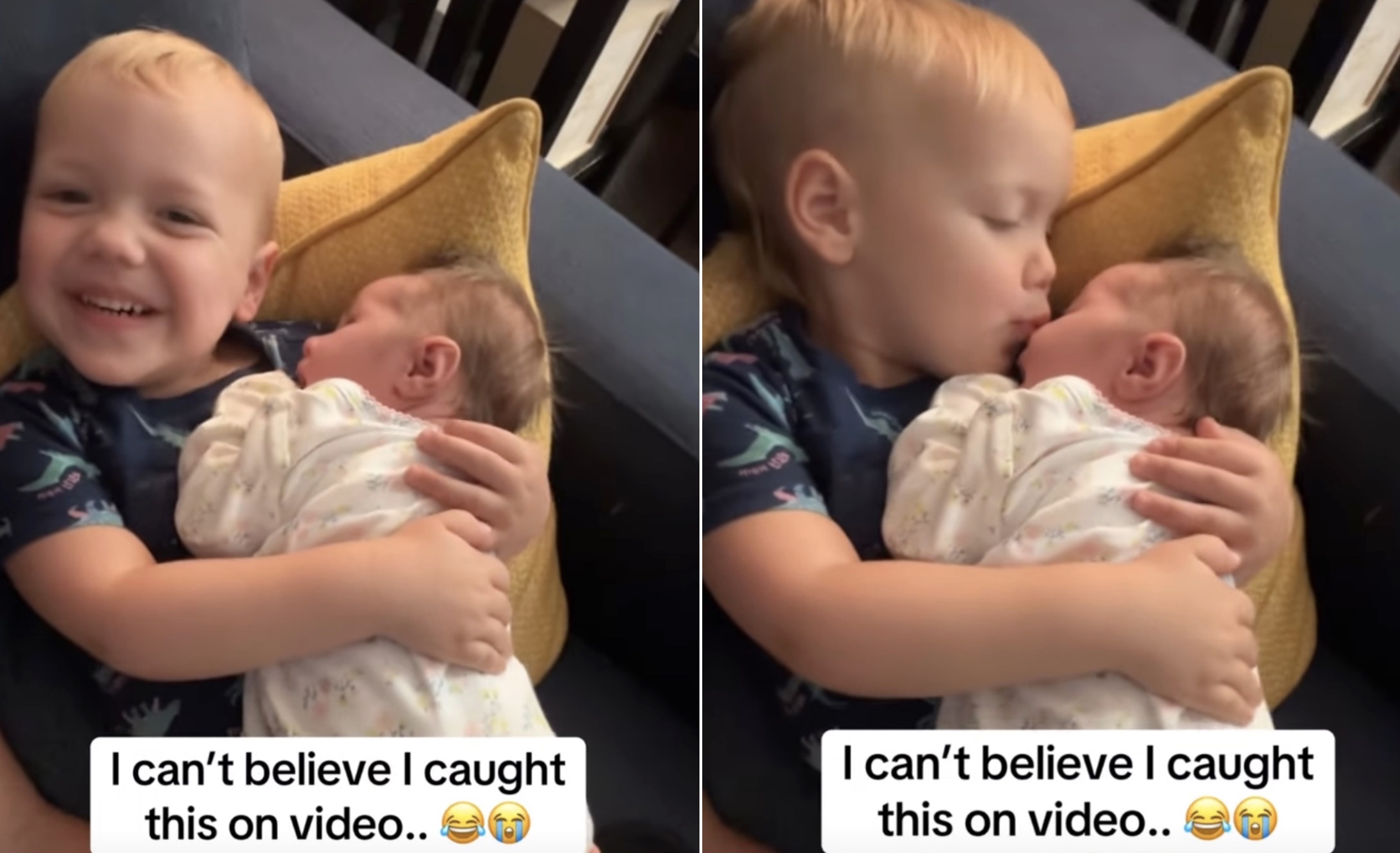 Look at his reaction ! The brother held the baby for the first time ...